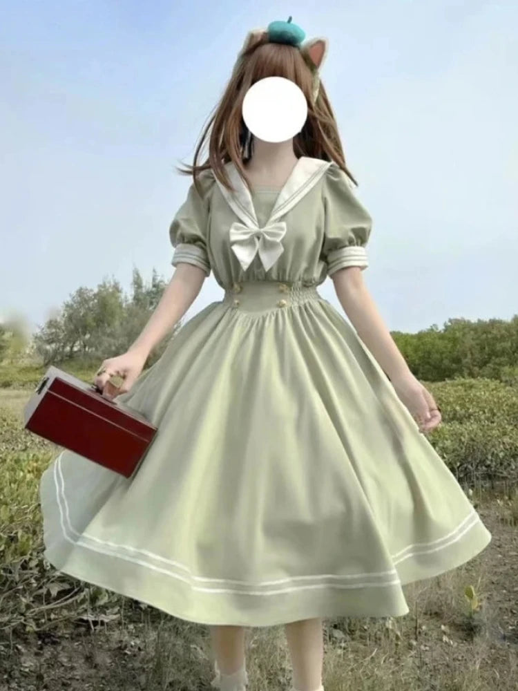 Japanese Vintage Short Sleeves Women Cute Lolita Elegant Midi Dress Sweet Slim Dresses Evening Party Retro Korean Fashion Spring