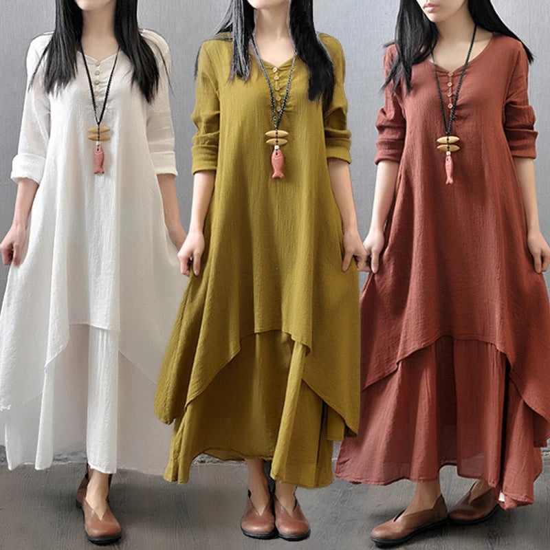 Irregular button women's cotton and linen pocket dress Korean round neck short sleeved loose solid color irregular double-layer