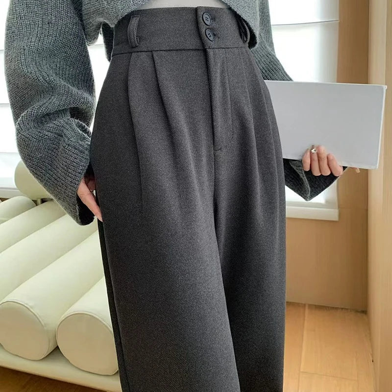 Autumn Winter High Waist Woolen Women's Wide Leg Pants 2025 New Button Korean Casual Loose Straight Full Length Trousers Female