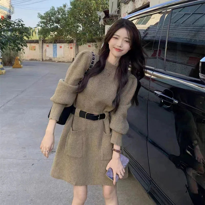 Autumn Winter Striped Knitted Dress Women Korean Fashion Double Pockets Short Dresses Ladies Casual Loose Long Sleeve Knit Dress