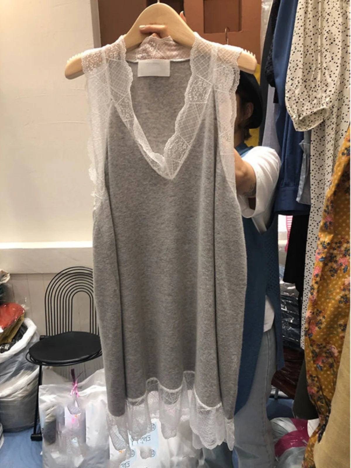 Elegant plus Size Summer Dress with Wood Grain  Sleeveless Vest Style Mid-Length A-Line Korean Style round Neck Dress