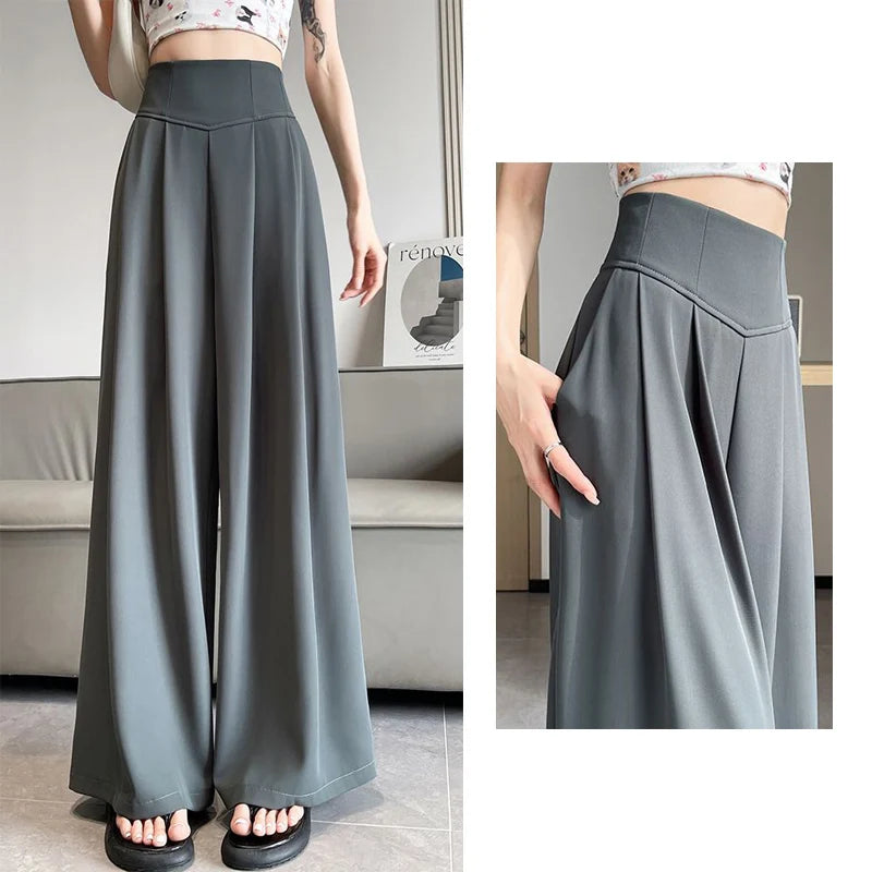 Lady Korean Solid High Waist Pants Girls Fashion Wide Leg Suit Trousers Women Slim Fit Comfortable Daily Slacks