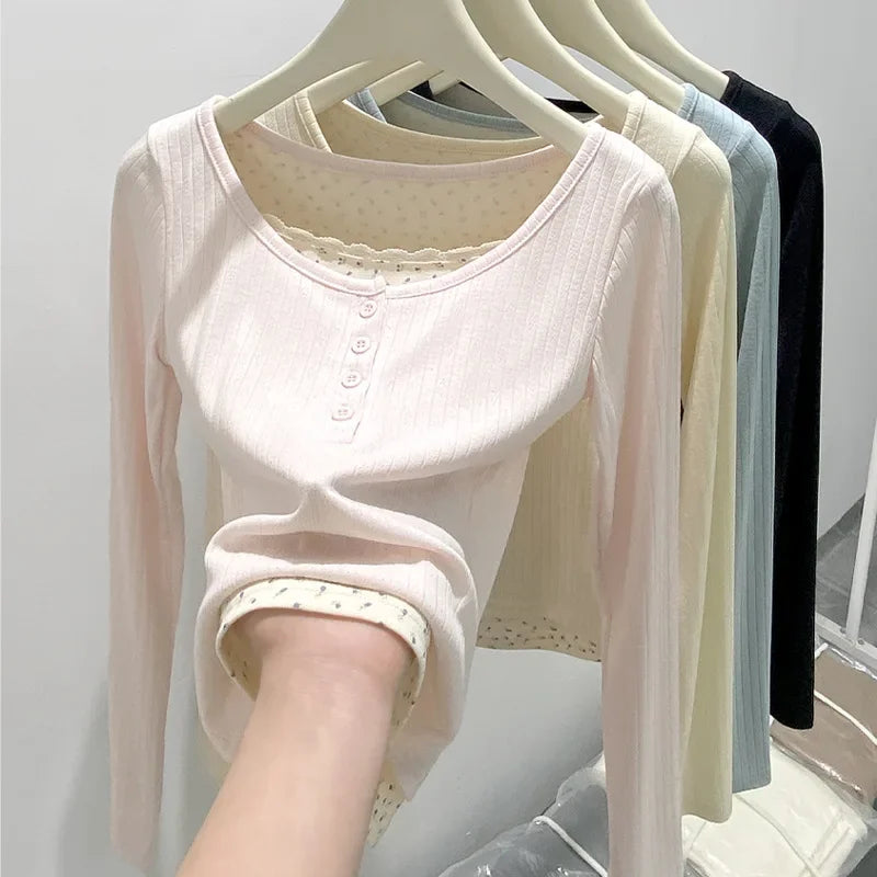 New Women's Long Sleeve T-shirt U Collar Spring and Autumn Slim Top French Style Women's Wear with Fake Two Lace Edge Y2k Top
