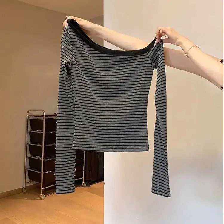 Women's Gray Asymmetrical One Shoulder Striped Long Sleeve T-Shirt 2026 Early Autumn New Arrival Slim Fit Sexy Off Shoulder Top