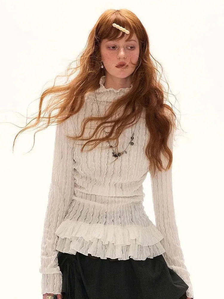 Sweet Ruffles Vintage Slim T Shirt Women Long Sleeve Casual Spring Turtleneck Y2K Tees American Retro Harajuku Female White Tops