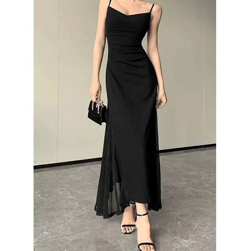 Korean V-Neck Spaghetti Strap Dress for Women Sexy Backless Waist-Tight Party Dresses Woman Elegant Black Sheer Midi Dress New